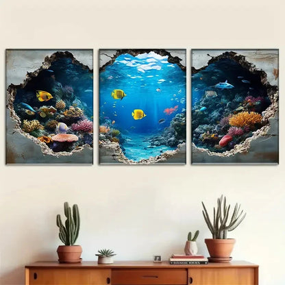 3pcs Underwater Scene Vibrant Coral Reef and Fish Metal Print Ready to Hang Art
