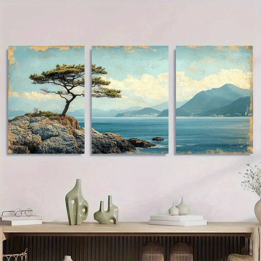 3pcs Teal Blue Backg Classic Vintage Beach Scene Metal Print Ready to Hang Art