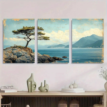 3pcs Teal Blue Backg Classic Vintage Beach Scene Metal Print Ready to Hang Art