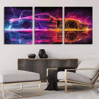 3pcs Neon Speed Racing Car Lightning Perfect Wall Art Set Canvas Framed 40x60cm - High Quality Print 100% Australian Made Wall Canvas Ready to Hang