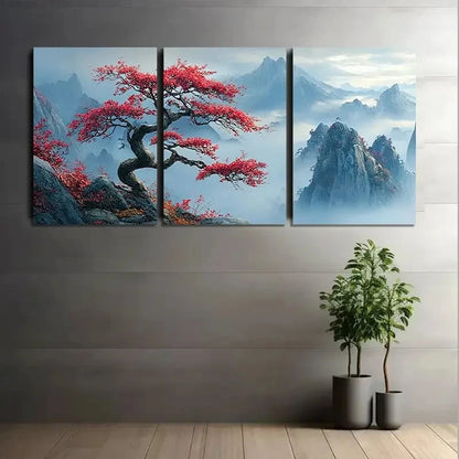 3pcs Heart Ornament on Tree Branch Metal Print Ready to Hang Art