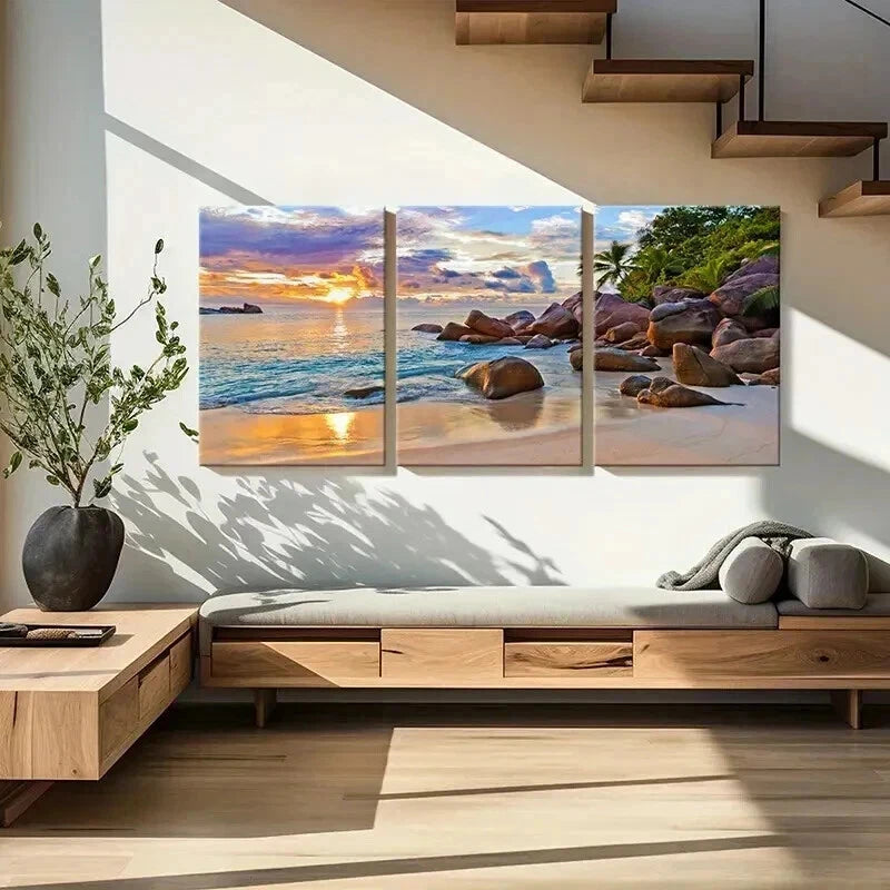 3pcs Beach Landscape with Palm Trees & Rocks Wall Art Set Canvas Framed 40x60cm - High Quality Print 100% Australian Made Wall Canvas Ready to Hang