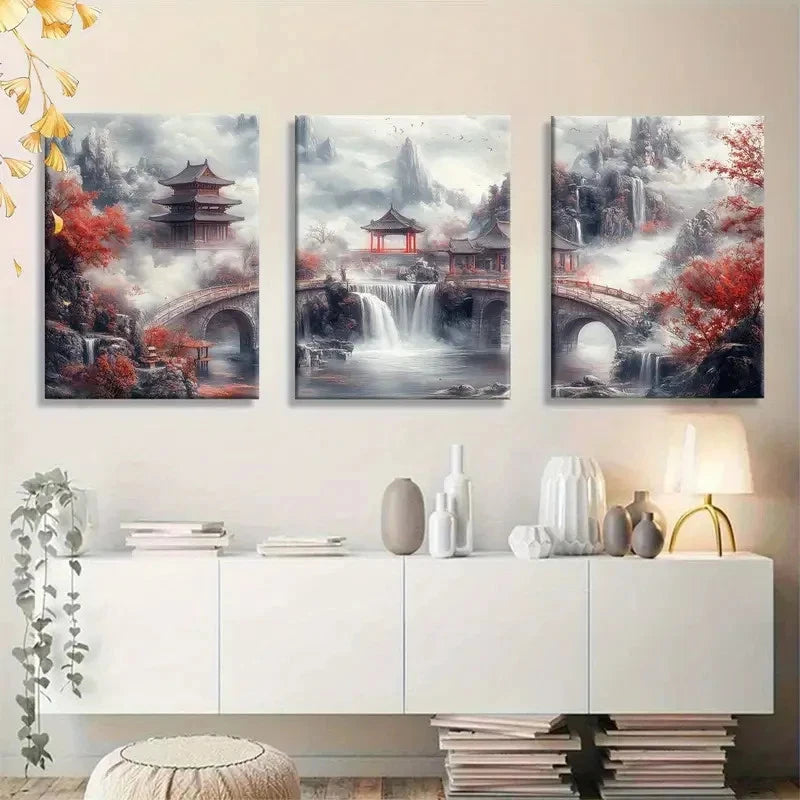 3pcs Traditional Chinese Landscape Painting Metal Print Ready to Hang Art