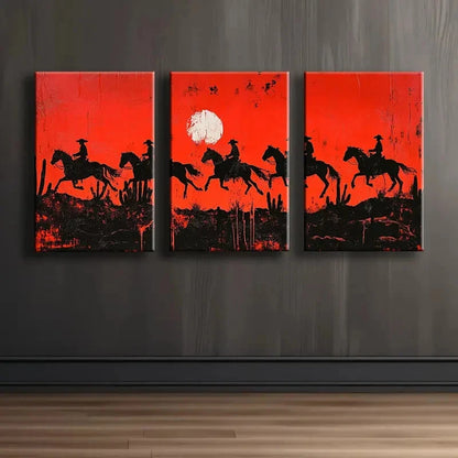 3pcs Sunset Cowboy Theme Wall Art Set Canvas Framed 40x60cm - High Quality Print 100% Australian Made Wall Canvas Ready to Hang