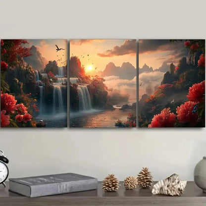 3pcs Luxurious Chinese Landscape Painting Metal Print Ready to Hang Art