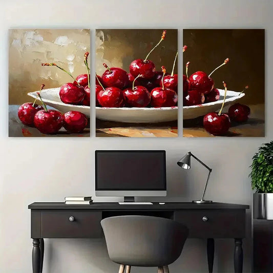 3pcs Cherry Fruits Impasto Illustration Metal Print Ready to Hang Art