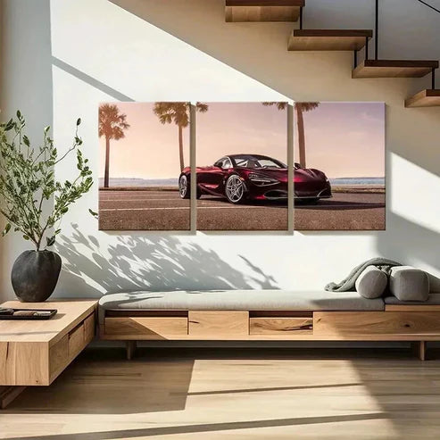 3pcs Red Colored Sports Racing Car Wall Art Canvas Unframed - High Quality Print 100% Australian Made Wall Canvas