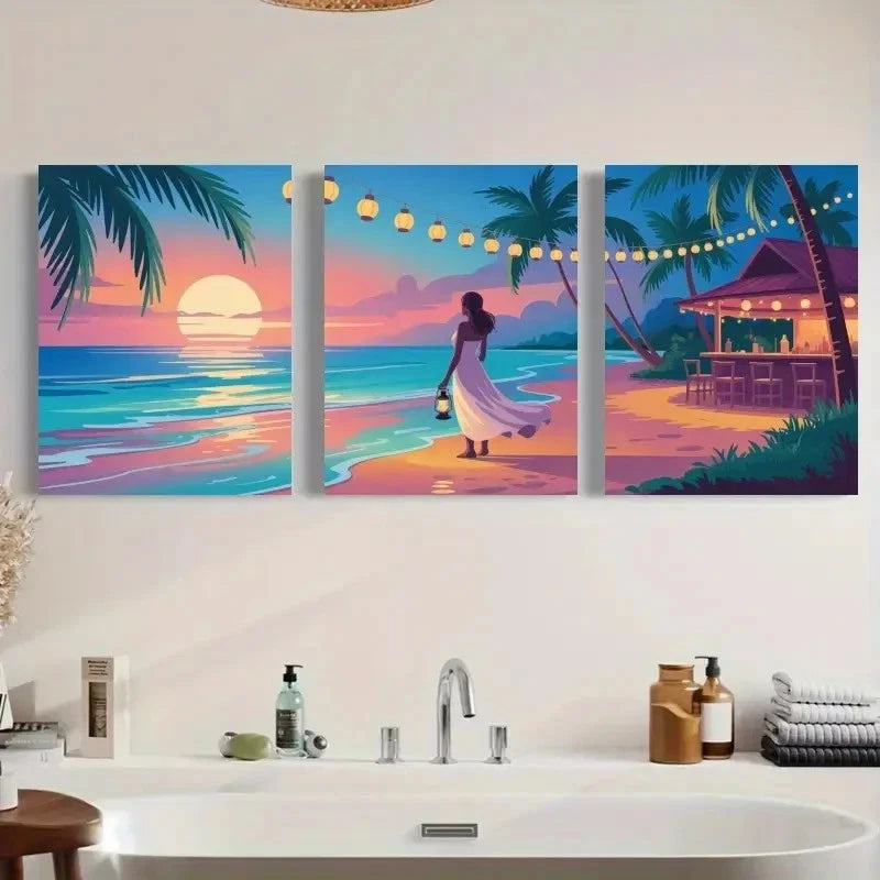 3pcs Palm Trees String Lights Beach Sunset Metal Print Ready to Hang Art