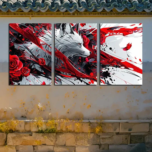 3pcs Enchanting White Fox Rose Illustration Metal Print Ready to Hang Art