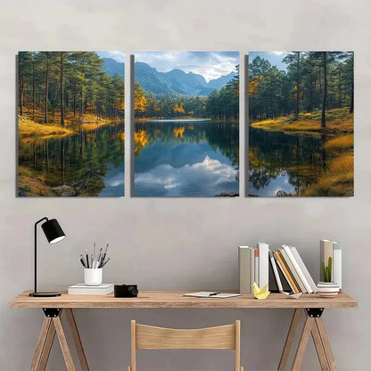3pcs EArth Tones Lake Reflection Artwork Metal Print Ready to Hang Art
