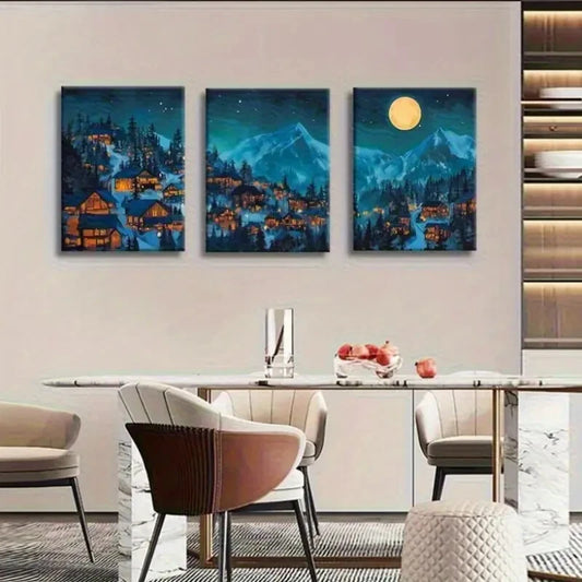 3pcs Moonlit Mountain Village Under Full Moon Metal Print Ready to Hang Art
