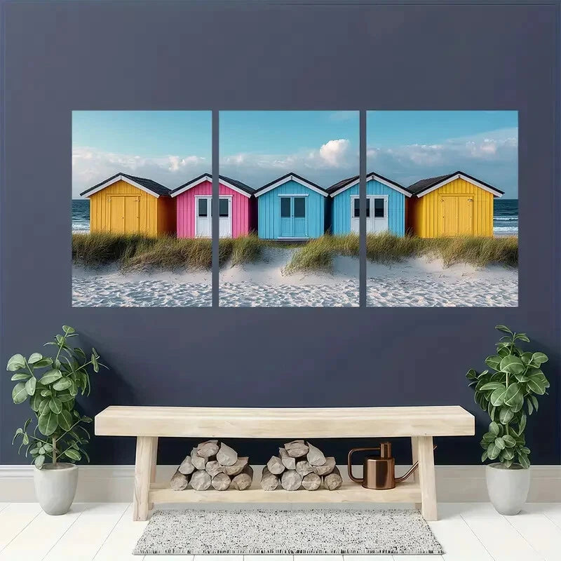 3pcs Pastel Summer Seaside Beach Huts Art Metal Print Ready to Hang Art