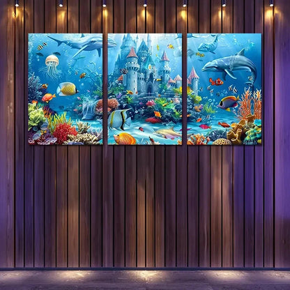 3pcs The Underwater Castle Where Dolphins Play Wall Art Set Canvas Framed 40x60cm - High Quality Print 100% Australian Made Wall Canvas Ready to Hang
