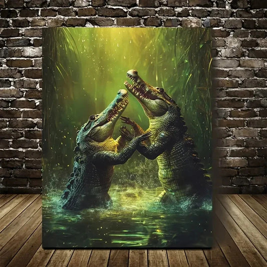 Vibrant Crocodile Wrestling Scene in Lush Painting 40x60cm Metal Print Ready to Hang