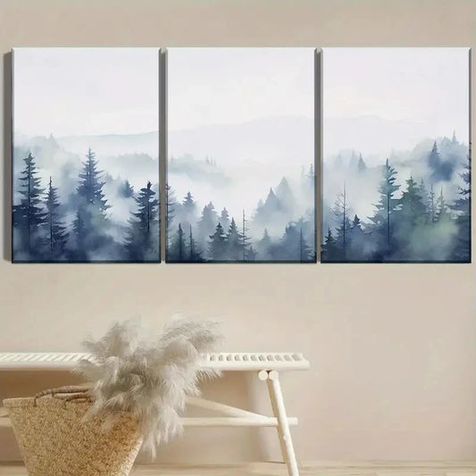 3pcs Green Watercolor Forest Landscape Painting Metal Print Ready to Hang Art