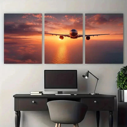 3pcs Sunset Soar Passenger Plane Dusk Perfect Metal Print Ready to Hang Art