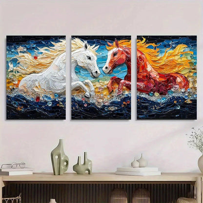 3pcs Animal Artwork Horse Oil Paintings Metal Print Ready to Hang Art