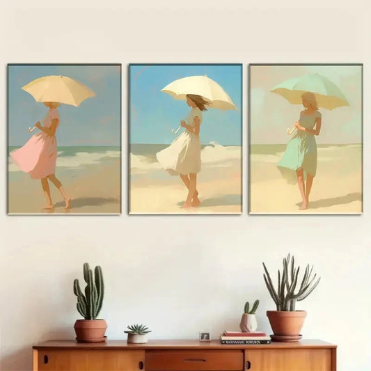 3pcs Beach Lady with Umbrella Art Print Metal Print Ready to Hang Art