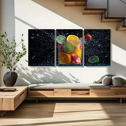 3pcs Vibrant Fruits Splash Artistic Photography Metal Print Ready to Hang Art