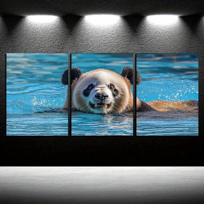 3pcs Vibrant Swimming Panda Illustration Metal Print Ready to Hang Art