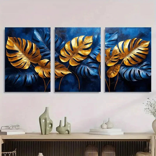 3pcs Tropical Palm Leaf Vibrant Golden & Blue Metal Print Ready to Hang Art