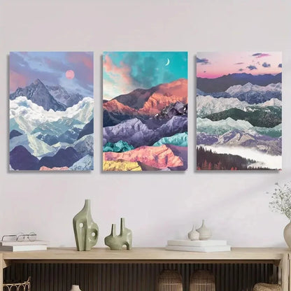 3pcs Bohemian style mountain art, fantasy color Metal Print Ready to Hang Art
