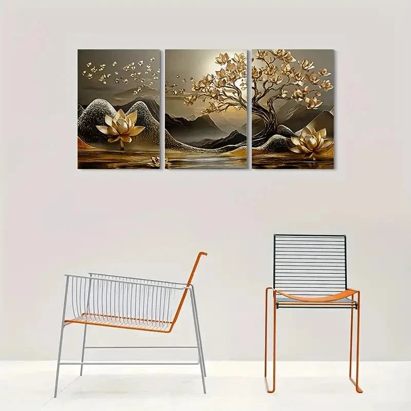 3pcs Golden Lotus Tree Golden Metal Print Ready to Hang Art