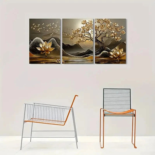 3pcs Golden Lotus Tree Golden Metal Print Ready to Hang Art