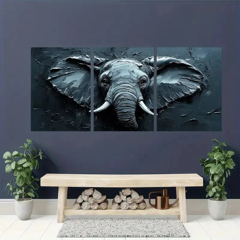 3pcs African Elephant Textured Grey Oil Impasto Metal Print Ready to Hang Art