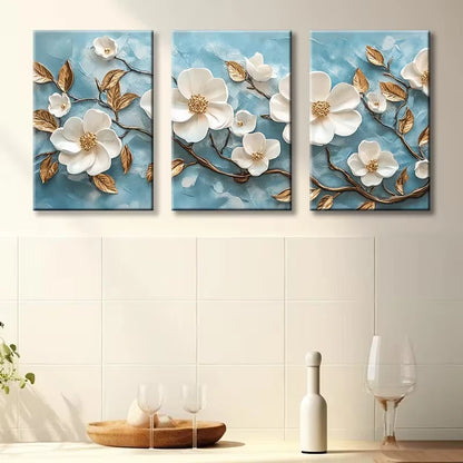 3pcs Beautiful White Florals and Golden Leaves Wall Art Set Canvas Framed 50x70cm - High Quality Print 100% Australian Made Wall Canvas Ready to Hang