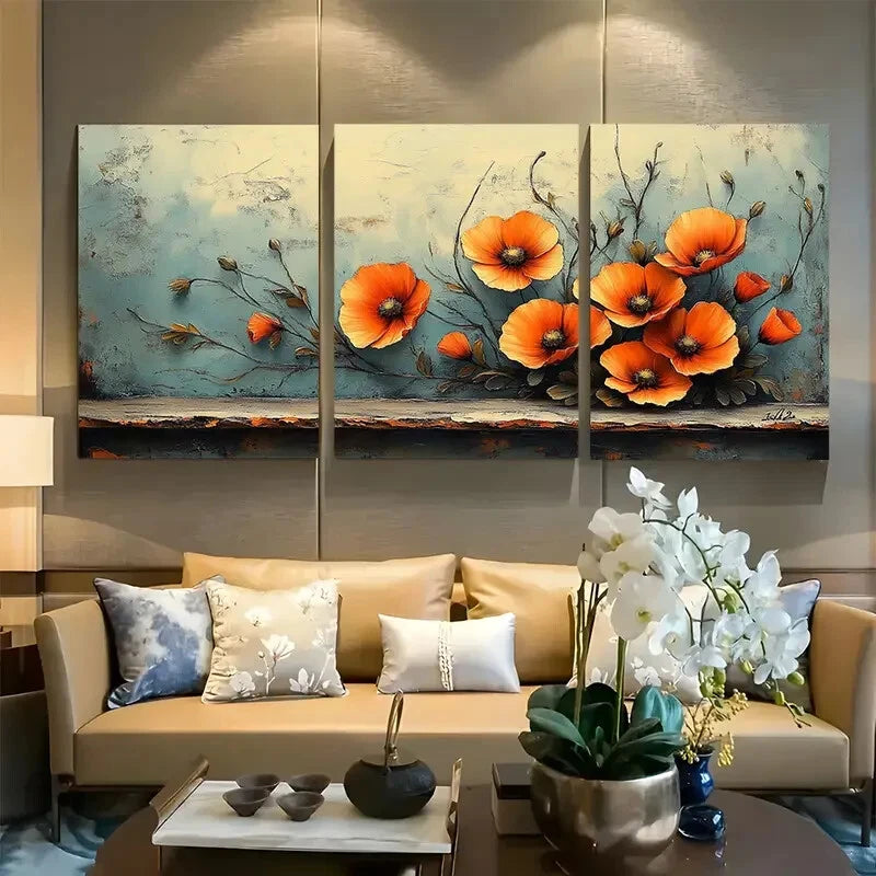 3pcs Vibrant Elegant Poppy Bouquet Metal Print Ready to Hang Art