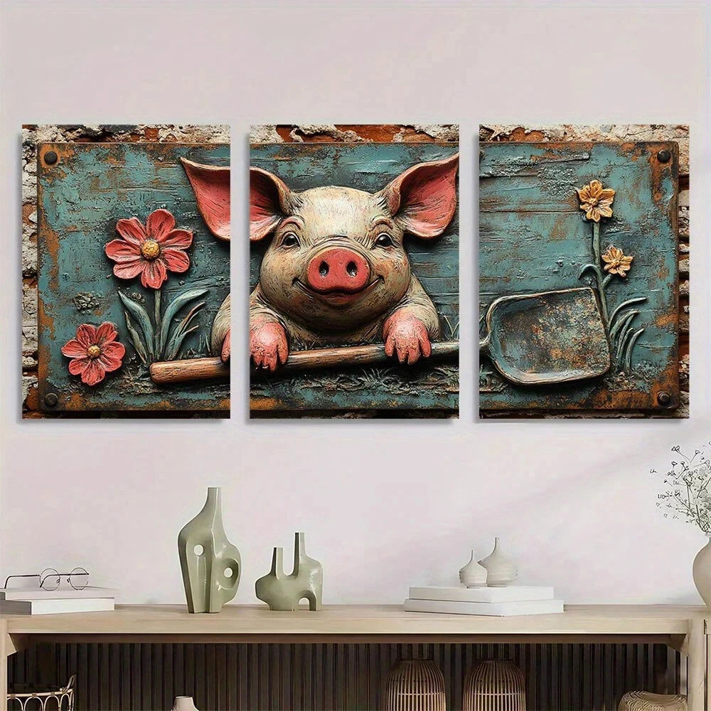 3pcs Rustic Pig Vintage Shovel & Flowers Metal Print Ready to Hang Art