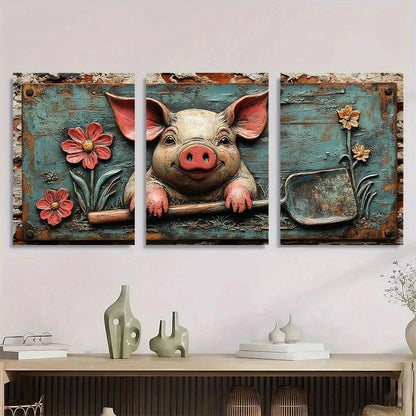 3pcs Rustic Pig Vintage Shovel & Flowers Metal Print Ready to Hang Art