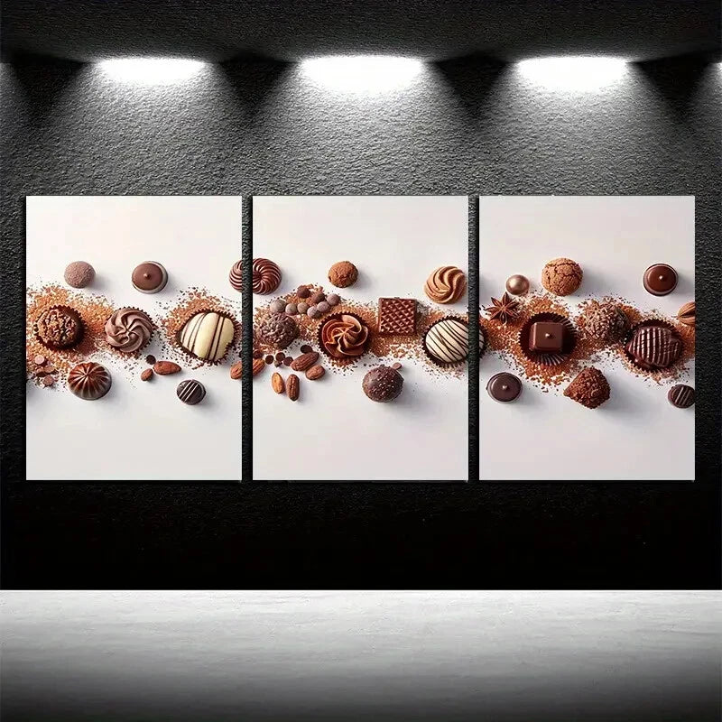 3pcs Chocolate Themed in Soft Background Metal Print Ready to Hang Art