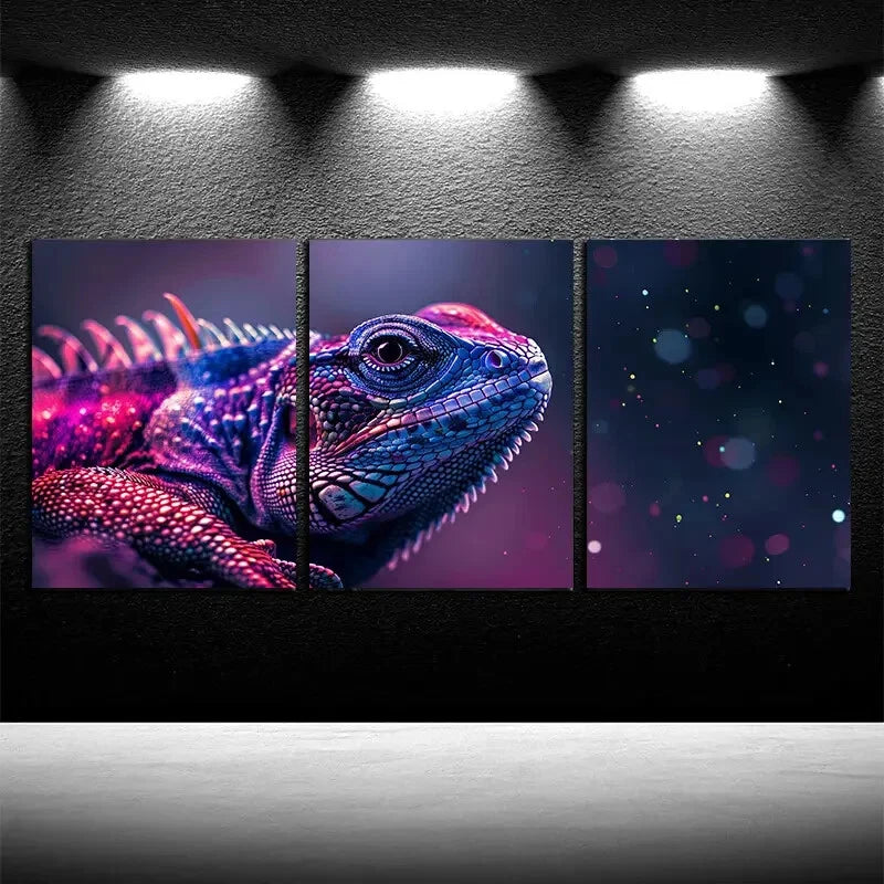 3pcs Chameleon Closeup View Illustration Metal Print Ready to Hang Art
