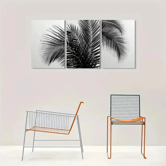 3pcs Modern Black and White Palm Leaf Metal Print Ready to Hang Art