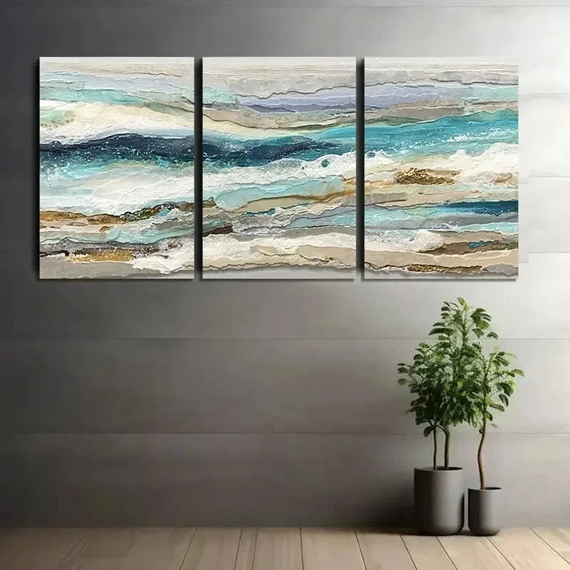 3pcs Large Wave & Forest Scene Wall Decor Metal Print Ready to Hang Art