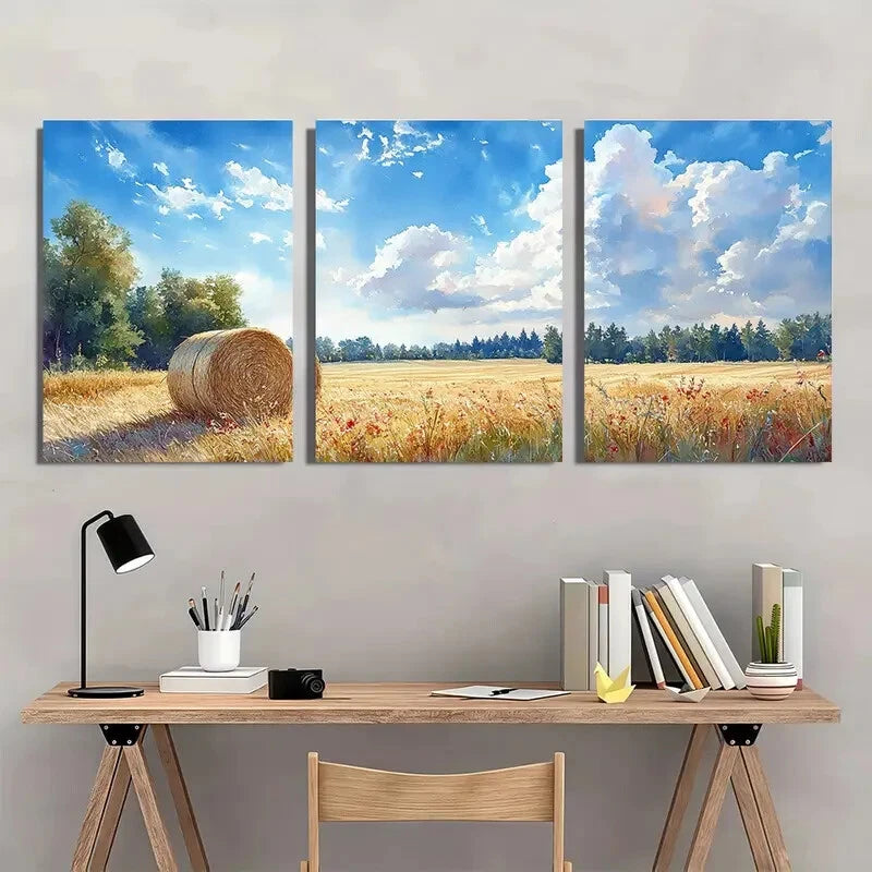 3pcs Rustic Haystacks Serene Countryside Landscape Metal Print Ready to Hang Art