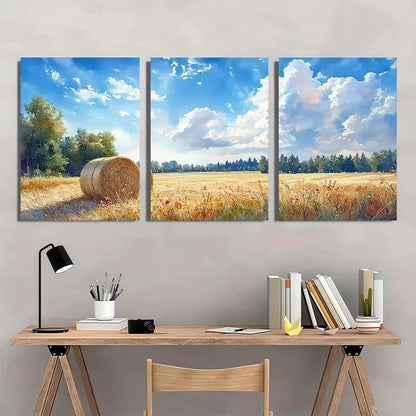 3pcs Rustic Haystacks Serene Countryside Landscape Metal Print Ready to Hang Art