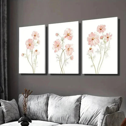 3pcs Painting of Soft Pink Wildflowers Wall Art Set Canvas Framed 40x60cm - High Quality Print 100% Australian Made Wall Canvas Ready to Hang