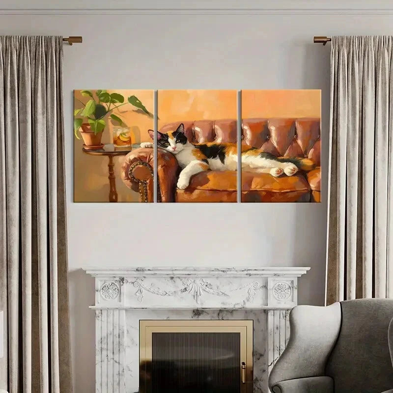 3pcs Artistic Cat On Sofa Warm Tones Cozy Metal Print Ready to Hang Art