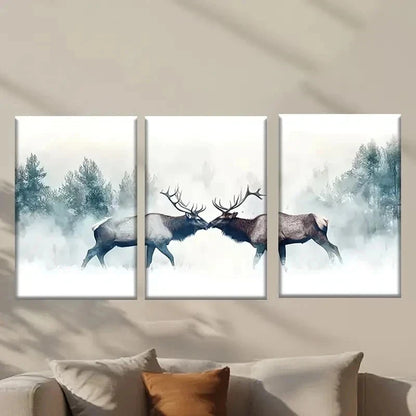 3pcs Two Majestic Elk in Snowy Forest Scene Wall Art Set Canvas Framed 40x60cm - High Quality Print 100% Australian Made Wall Canvas Ready to Hang