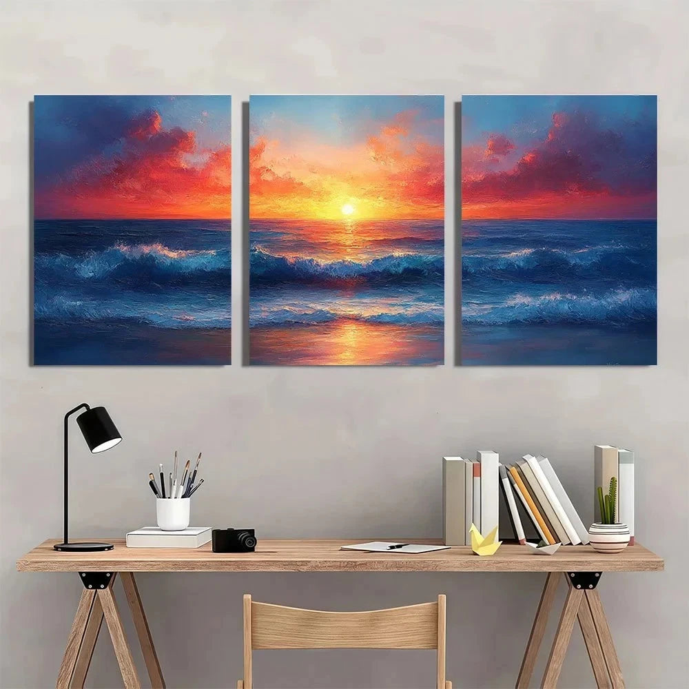 3pcs Sunset Seascape Textured Ocean Painting Metal Print Ready to Hang Art