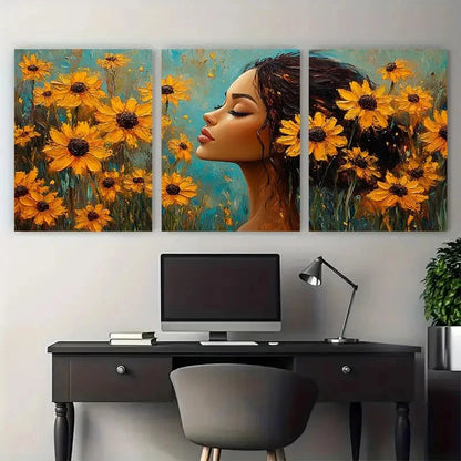 3pcs Vibrant Rudbeckia Flowers with Women Design Metal Print Ready to Hang Art