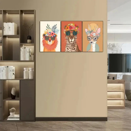 3pcs Lion Leopard Deer with Floral & Glasses Metal Print Ready to Hang Art