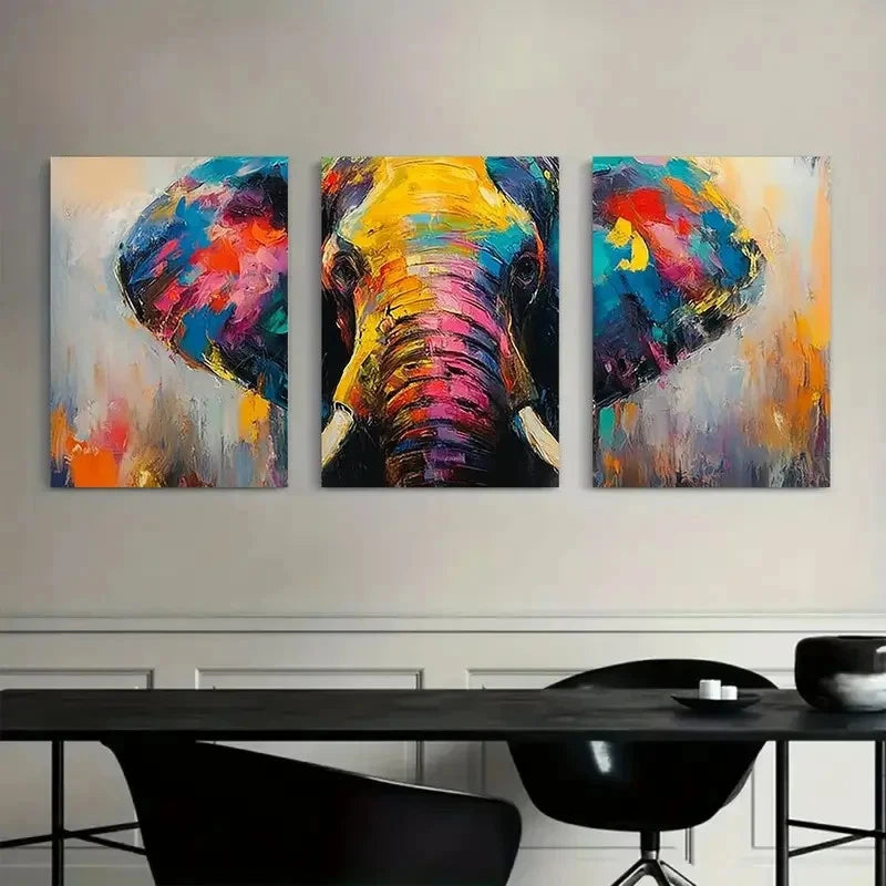 3pcs Colorful Elephant Oil Painting Posters Metal Print Ready to Hang Art