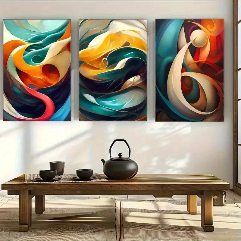 3pcs Vibrant Swirls of Blue Orange Yellow Metal Print Ready to Hang Art