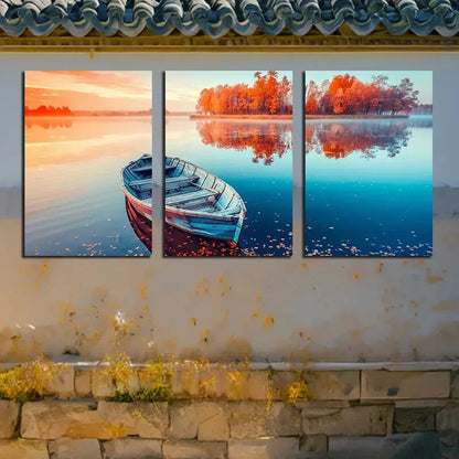 3pcs Water Reflections and Wooden Boat Metal Print Ready to Hang Art