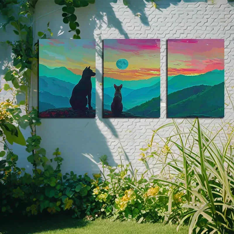 3pcs Cat and Dog Silhouette with Sunset Landscape Metal Print Ready to Hang Art