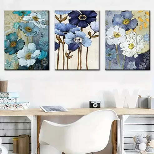 3pcs Abstract floral blue for Lotus Flowers Wall Art Canvas Unframed - High Quality Print 100% Australian Made Wall Canvas